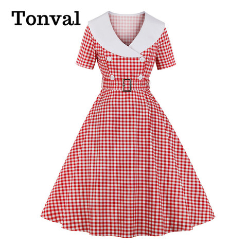 Tonval Gingham Print High Waist Women Vintage A Line Midi Dresses Cotton Fabric Double Breasted 1950S Rockabilly Plaid Dress ► Photo 1/6