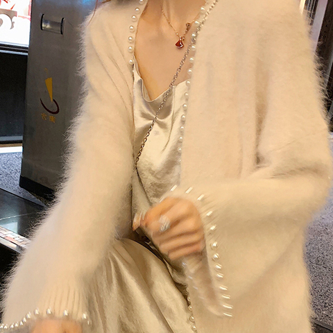 Women Mohair Knitted Cardigan Spring Autumn Loose Lazy Autumn Beaded Sweater Coat Cashmere Pearls Jacket Crop Tops Mujer Sueter ► Photo 1/6