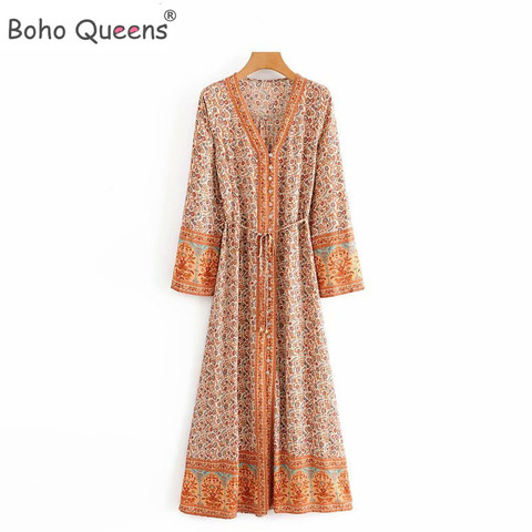 Boho Queens women  lace-up tassel floral print beach Bohemian maxi dress Ladies long sleeve Summer Boho dress vestidos ► Photo 1/6