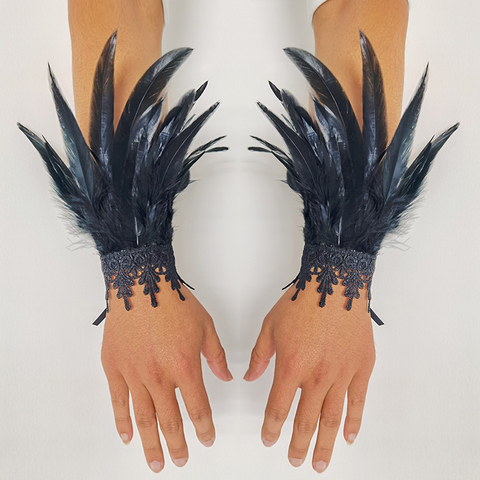 2pcs Lace Feather Wrist Cuffs Black Real Natural Dyed Rooster Feather Arm Warmers Party Cosplay Costume Accessory Feather Gloves ► Photo 1/6