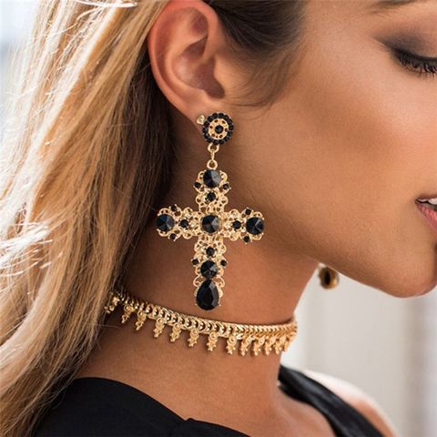 New Fashion 1 Pair Vintage Black Crystal Cross Drop Earrings for Women Pink Baroque Bohemian Large Long Earrings Jewelry ► Photo 1/6
