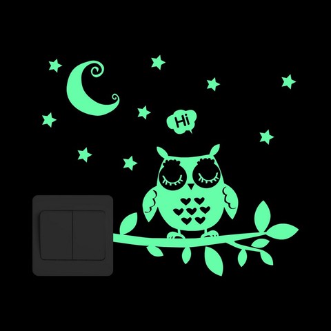 Funny Cartoon Owl Stands on the Branch Under Moon and Stars Luminous Switch Stickers Glow in the Dark Wall Decal for Kids Rooms ► Photo 1/6