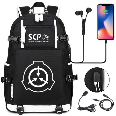 SCP Foundation Backpack Black Bookbag Cartoon School Bags for Teenage Kids SCP Travel Bagpack USB Laptop Shoulder Bags ► Photo 1/6