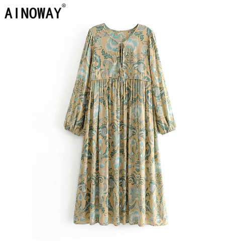 Vintage chic women  peacock floral print lace-up beach Bohemian rayon Midi dress Ladies v-neck Boho dress vestidos ► Photo 1/6