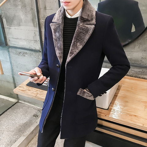 2022 Winter New Casual Windbreaker Men's Jacket Korean Long Section Large Fur Collar Jacket Men's Business Casual Warm Wool Coat ► Photo 1/6