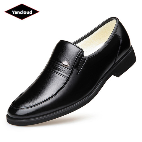 British Slip on Fur Leather Shoes Men Winter Footwear 2022 Business Formal Dress Shoes Elegant Suit Office Shoes Warm Shoe ► Photo 1/6