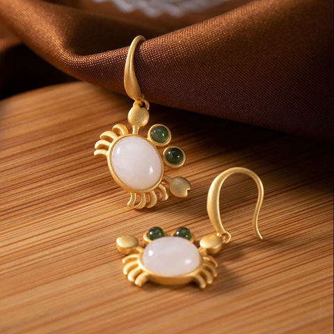 Silver inlaid natural Hetian white jade small crab Earrings Chinese style retro fresh romantic charming women's brand jewelry ► Photo 1/6