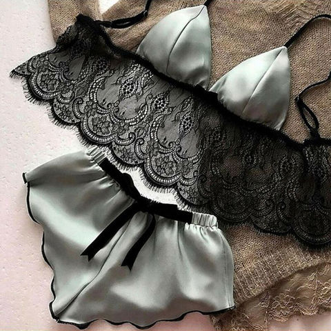 Women's Underwear Sexy Silk Satin Lingerie Pajamas Crop Tops Bralette&Panty Sets ► Photo 1/6