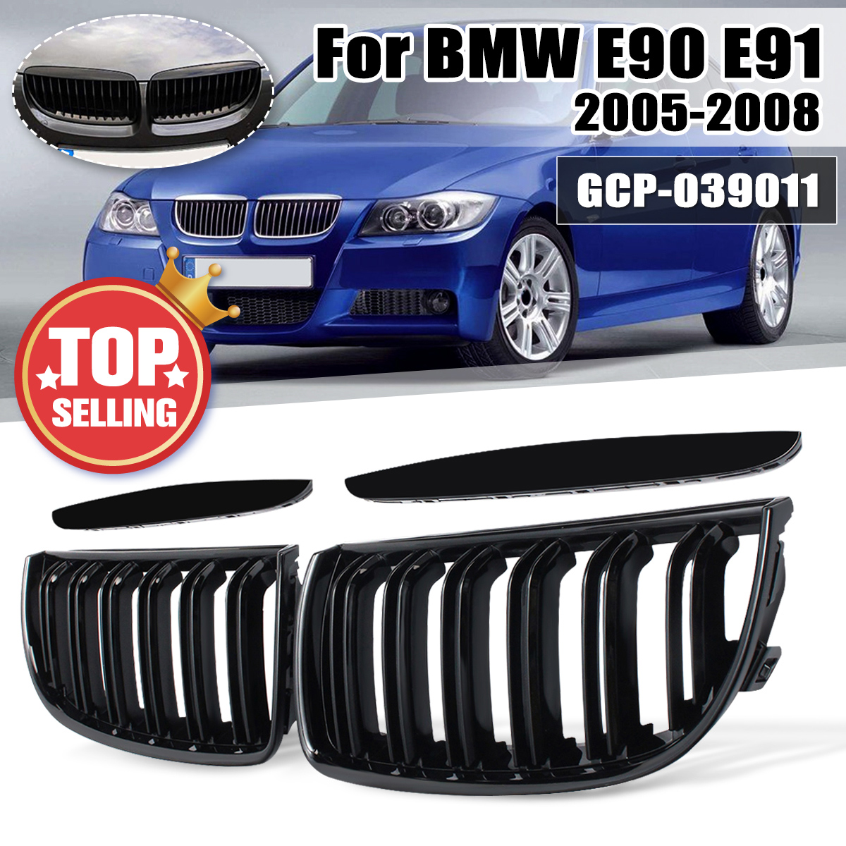 Pair Gloss Matt Black Color 2 Line  Front Kidney Grille Grill Double Slat For BMW E90 E91 3 Series  2004 2005 2006 2007 ► Photo 1/6