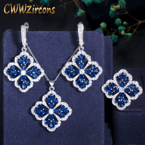 CWWZircons Dark Blue Cubic Zirconia Crystal Big Dangle Drop Lucky Flower Leaf Earring Necklace Ring Women Chic Jewelry Sets T328 ► Photo 1/6