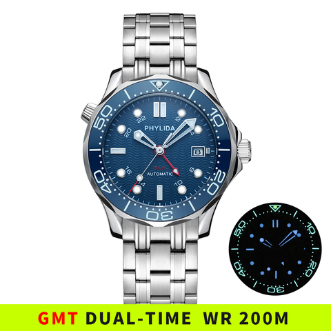 PHYLIDA 2022 New 20br Waterproof Blue Wave Dial Automatic Sport Business Watch Male Sapphire Crystal for Sea-Master Diver ► Photo 1/6