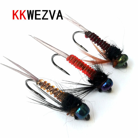 KKWEZVA 18PCS Color Head Fast Sinking Nymph Scud Fly Bug Worm for Trout Fishing Artificial Insect Bait Lure Fishing Bait ► Photo 1/6