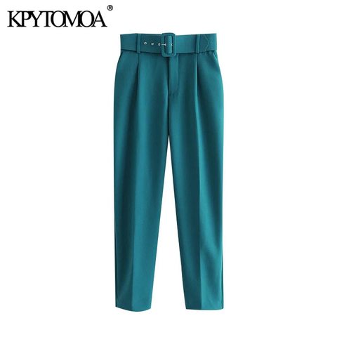 KPYTOMOA Women 2022 Fashion With Belt Side Pockets Office Wear Pants Vintage High Waist Zipper Fly Female Ankle Trousers Mujer ► Photo 1/6