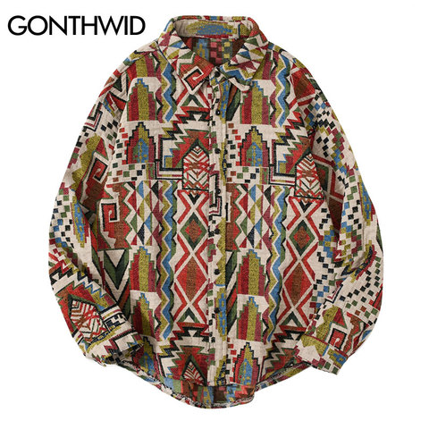 GONTHWID National Style Knitted Geometric Patterns Color Block Button Shirts Harajuku Casual Long Sleeve Tees Tops Streetwear ► Photo 1/6