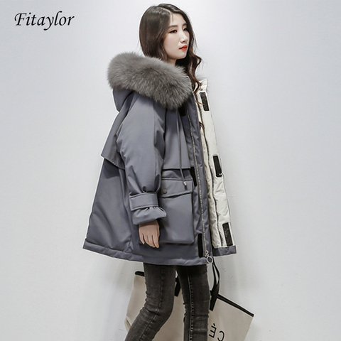 Fitaylor Large Natural Fox Fur Hooded Winter Jacket Women 90% White Duck Down Thick Parkas Warm Sash Tie Up Snow Coat ► Photo 1/6