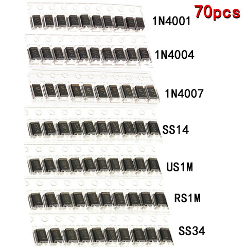 70pcs/lot SMD M1 1N4001  M4 1N4004 M7 1N4007 SS14 US1M RS1M SS34 7 Values*10pcs KIT schottky diode set kit pack package ► Photo 1/5