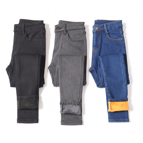 Warm Winter Plus Size Slim Jeans Women Advanced Stretch Cotton Denim Pants Thick Fleece Student Trousers Blue Black Gray ► Photo 1/6