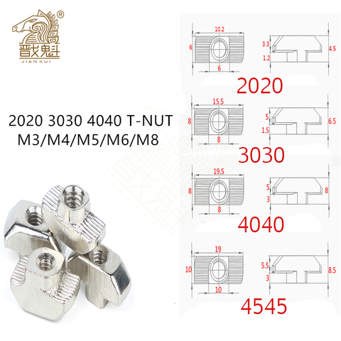 T-nut M3 M4 M5 M6 M8 Hammer Head T Nut Fasten Slot Nut Connector Nickel plated for 20 30 40 45 EU Aluminum Extrusion Profile ► Photo 1/6