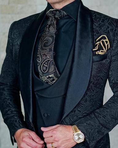 Men Suits Royal Blue and Black Groom Tuxedos Shawl Satin Lapel Groomsmen Wedding Best Man ( Jacket+Pants+Vest+Bow Tie ) 048 ► Photo 1/6