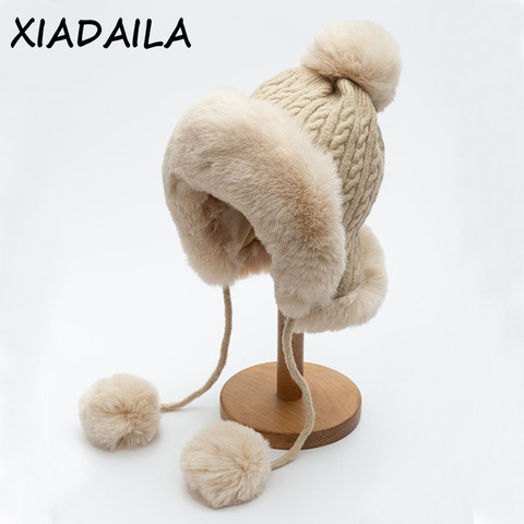 Outdoor Earflap Wool Knitted Snow Ski Cap Fleece Bomber Trapper Hat Women Ushanka Faux Fox Fur Pompom Winter Russain Cossack ► Photo 1/6