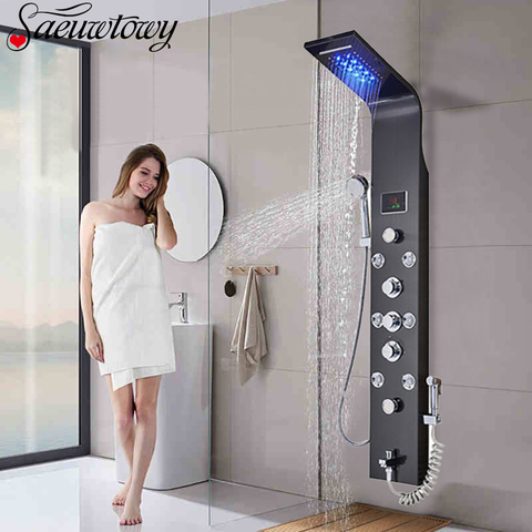 Wall Mount Black Shower Panel Shower Column  LED Waterfall Shower Faucet Set With Bidet Sprayer Massage Temperature Display ► Photo 1/6
