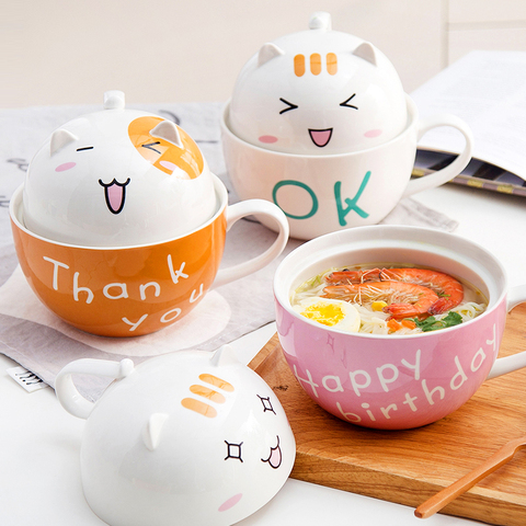 Kawaii Cat Pattern Ceramic Instant Ramen Bowl With Lid Cute Cartoon Noodle Fruit Salad Soup Bowl Anti-scalding Kitchen Tableware ► Photo 1/6