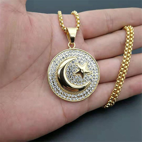 Muslim Crescent Moon and Star Pendant Stainless Steel Round Necklace Hip Hop Iced Out Women Men Islamic Jewelry Dropshipping ► Photo 1/4