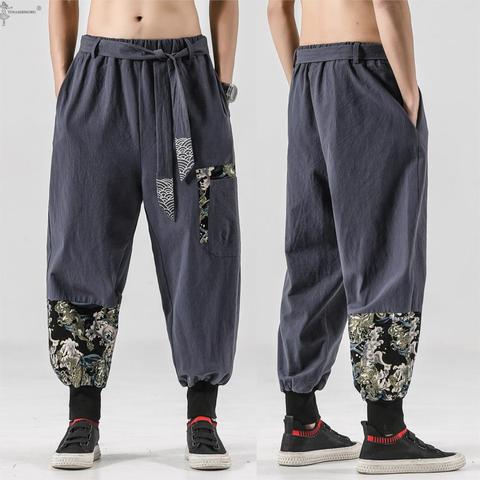 Japanese kimono Men Cotton Linen Samurai Costume Ukiyo-e Print Belt Retro Harem Pants Haori Baggy Trousers Harajuku Hip Hop ► Photo 1/5