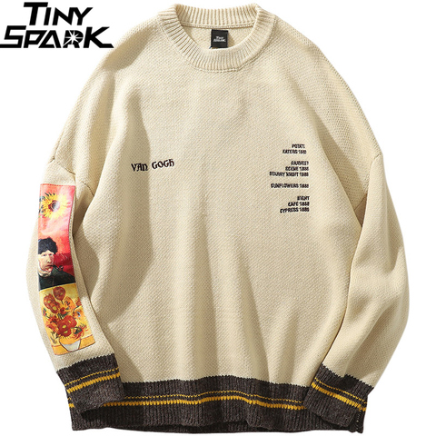 2022 Men Hip Hop Sweater Pullover Streetwear Van Gogh Painting Embroidery Knitted Sweater Retro Vintage Autumn Sweaters Cotton ► Photo 1/6