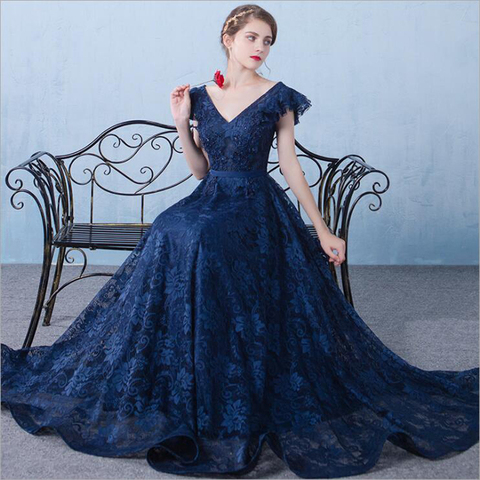 New Vintage Evening Dress Navy Blue Tulle Sexy V Neck A-Line Long Prom Party Gowns ► Photo 1/6