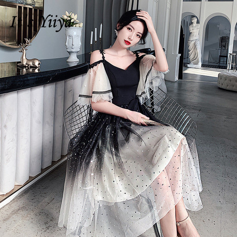 Evening Dresses Boat Neck It's Yiiya R262 Elegant Black Gradient Robe De Soiree Spaghetti Strap Sequin Tulle Women Party Gowns ► Photo 1/6