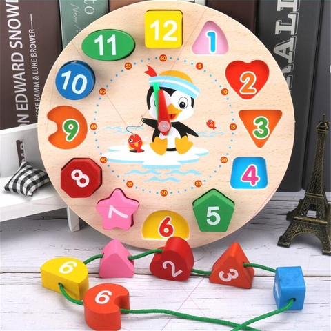 Montessori Cartoon Animal Educational Wooden Beaded Geometry Digital Clock Puzzles Gadgets Matching Clock Toy For Children ► Photo 1/6