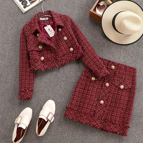 Fall Winter Small Fragrance Vintage Tweed Two Piece Set Women Single-Breasted Woolen Short Jacket Coat + Mini Skirt 2 Piece Set ► Photo 1/6