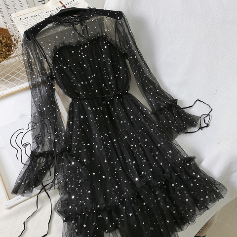 Women Flare Sleeve Lace Up Bling Star Sequined Ruffles Dress Vintage Elastic Slim Mesh Gauze Tulle  Dress ► Photo 1/5