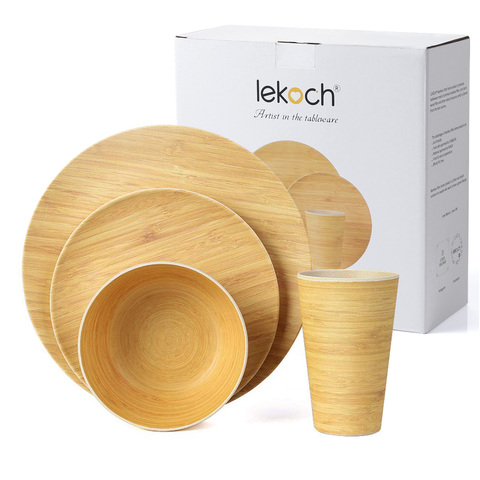 Lekoch Bamboo Fiber 4pcs for 1person  Picnic Dinner set Bamboo pattern Plate Bamboo Powder Fiber Dishes and Plates Sets ► Photo 1/6