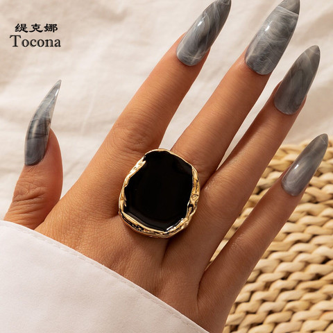 Tocona Bohemian Black Stone Ring for Women Charming Gold Color Alloy Metal Big Joint Ring Jewelry Gift Drop Shipping 16916 ► Photo 1/6