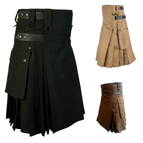 Holiday Utility Kilt Cargo Pocket Tartan Pleated Skirt Celtic Scottish Larp Costume Strap Cotton Bottoms Solid Color For Men ► Photo 1/4