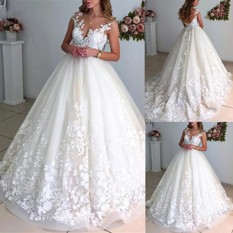 Elegant Ball Gown Wedding Dresses 2022 Scoop Neck Sleeveless Open Back Exquisite Lace Appliques Bridal Gowns Vestidos De Noiva ► Photo 1/6