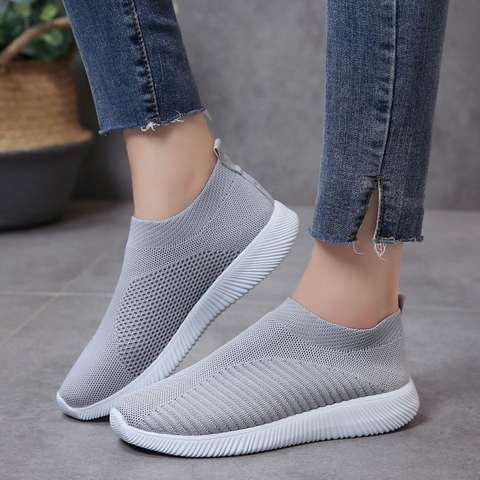 Women's Sneakers Knitted Mesh Breathable Shoes Walking Slip On Flats Sock Shoes 