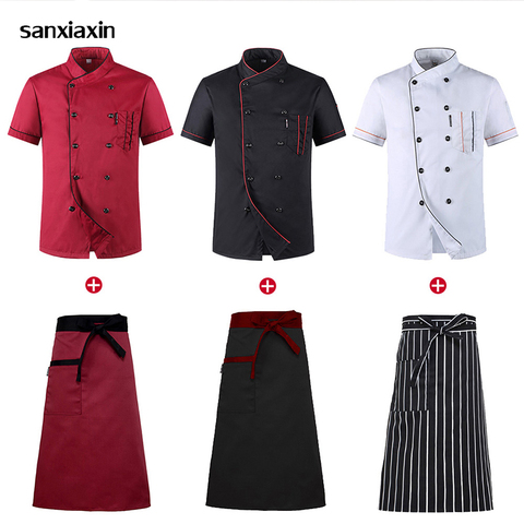 Unisex Chef Uniform Hotel Kitchen Work Clothes Short Sleeved Chef  Restaurant Uniform Cooking Shirt Jacket+Hat+Apron