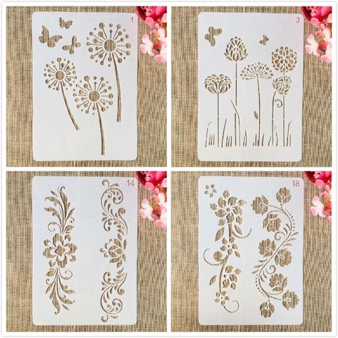 4Pcs A4 29cm Dandelion Flowers Lines DIY Layering Stencils Painting Scrapbook Coloring Embossing Album Decorative Template ► Photo 1/5