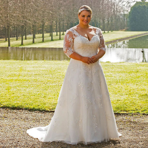 Modest V-neck Plus Size Wedding Gown with Sleeves A-line Appliqued Bridal Dress 2022 Vestido de Novia Customized ► Photo 1/6
