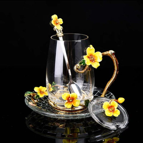 New Enamel Glass Cup Mug for Coffee Flower Tea Glass Cups with spoon Home Drinkware Perfect Wedding Gift for Summer Tea Mug Set ► Photo 1/6