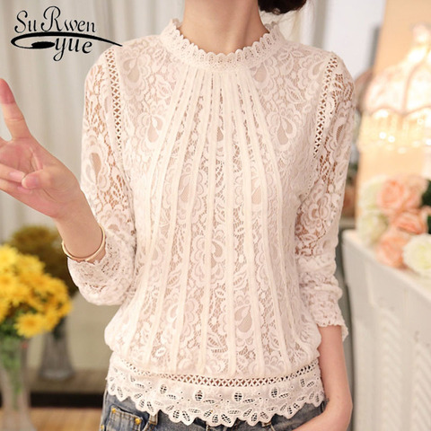 2022 New autumn Ladies White Blusas Women's Long Sleeve Chiffon Lace Crochet Tops Blouses Women Clothing Feminine Blouse 51C ► Photo 1/6