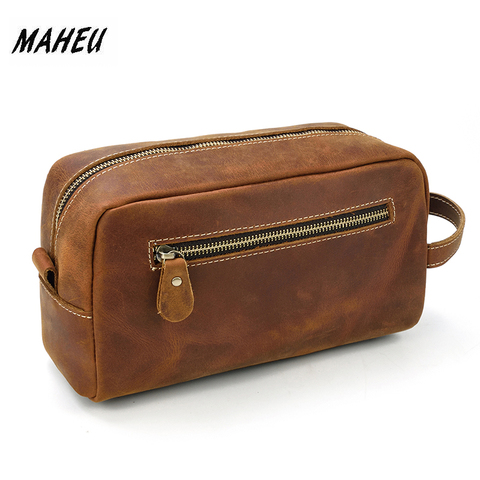 MAHEU Casual Mens Leather Clutch Wallet Long Handbag Genuine Leather Unisex Zipper Hand Clutch Bag Wash Storage Bag toiletry bag ► Photo 1/6