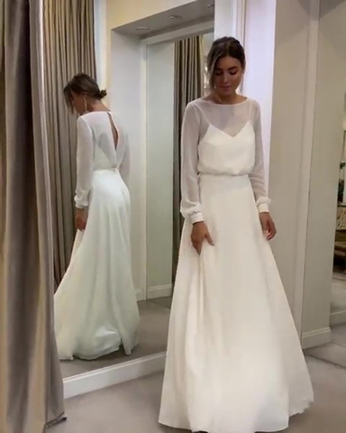 MYYBLE  Bohemian Simple Long Sleeves Wedding Dress A Line Open Back Modest Plus Size Custom Made Women Chiffon Bridal Gowns ► Photo 1/6