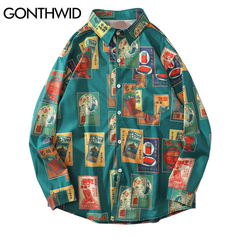 GONTHWID Hawaiian Beach Shirts Harajuku Vintage Poster Print Long Sleeve Aloha Party Holiday Shirt Mens Casual Button Down Tops ► Photo 1/6