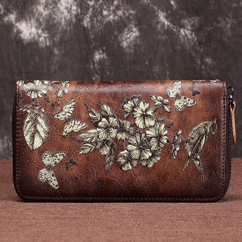 Female Purse Wrist Bags Floral Printing Money Clips Clutch Handy Zipper Bag Multi-Cards Genuine Leather Women Long Wallets ► Photo 1/6