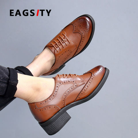 EAGSITY Genuine Leather oxford shoes women lace up shoes pointed toe casual fashion ladies business dress shoes brown ► Photo 1/6