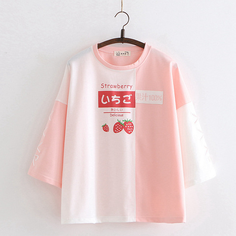 Japanese Sweet Strawberry Printed Women T-shirt Summer Harajuku Kawaii Short Sleeve Shirt Top Female Cute Pink Graphic Tees Girl ► Photo 1/6